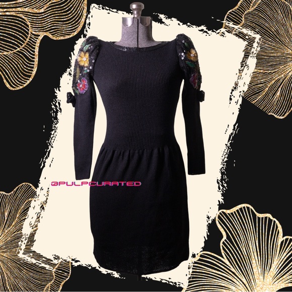 80s Cocktail Dress / Vintage Prom / Puff Sleeve / Luxury knit / Wool - Picture 2 of 9